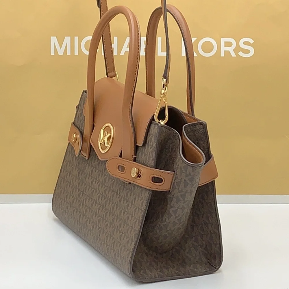 MICHAEL KORS CARMEN MEDIUM FLAP SATCHEL BROWN SIGNATURE COLOR